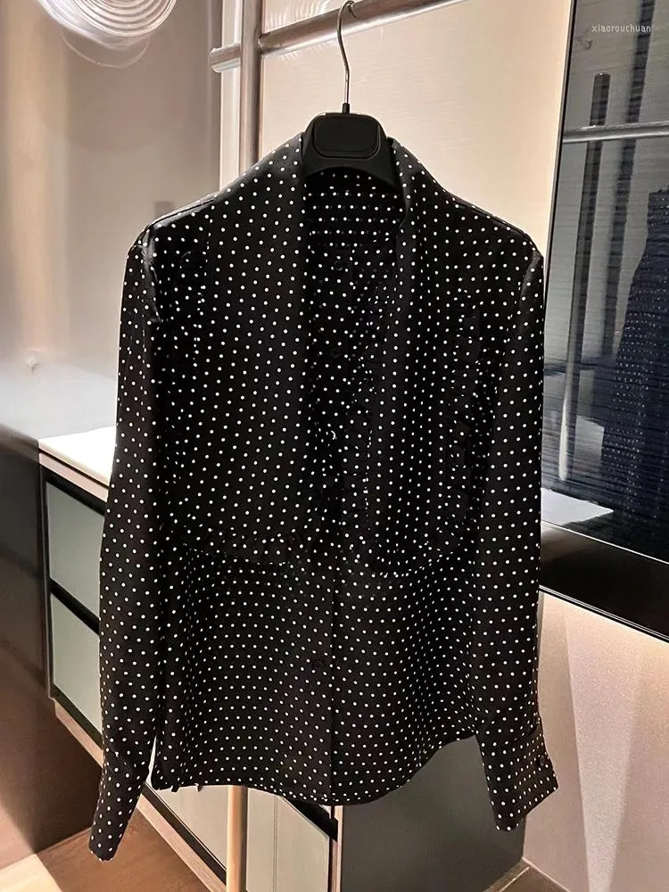 Women's Blouses Fashion Silk Vintag White Black Polka Dot Shirt For Women 2023 Elegant Ruffles Ribbon Collar Long Sleeve Blouse Lady