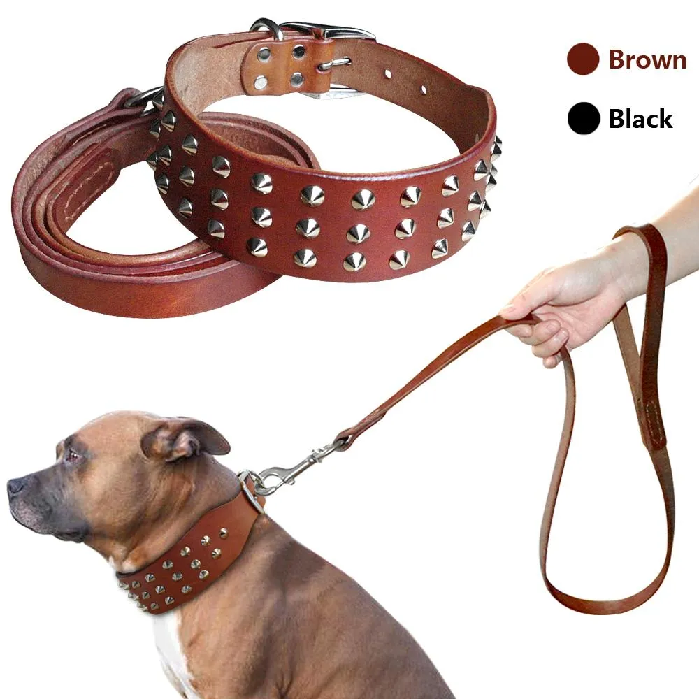 Halsar Cool Studded äkta läder Pet Dog Collar Lash Set For Medium Large Dog Pitbull Boxer Bulldog S M L Black Brown