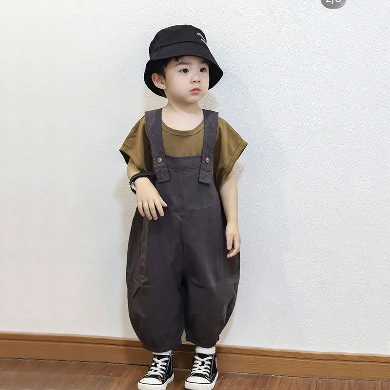 Overalls 211Y Kids Summer Baby Boys Cotton Jumpsuits Cropped Pants Solid Casual Breathable Children Outfits Clothes Hw35 230608