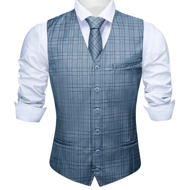 Costumes pour hommes Blazers Soie Hommes Gilet Bleu Plaid Rose Noir Marron V Cou Gilet Cravate Mouchoir Boutons De Manchette Ensemble Mariage Affaires Barry.Wang 230609