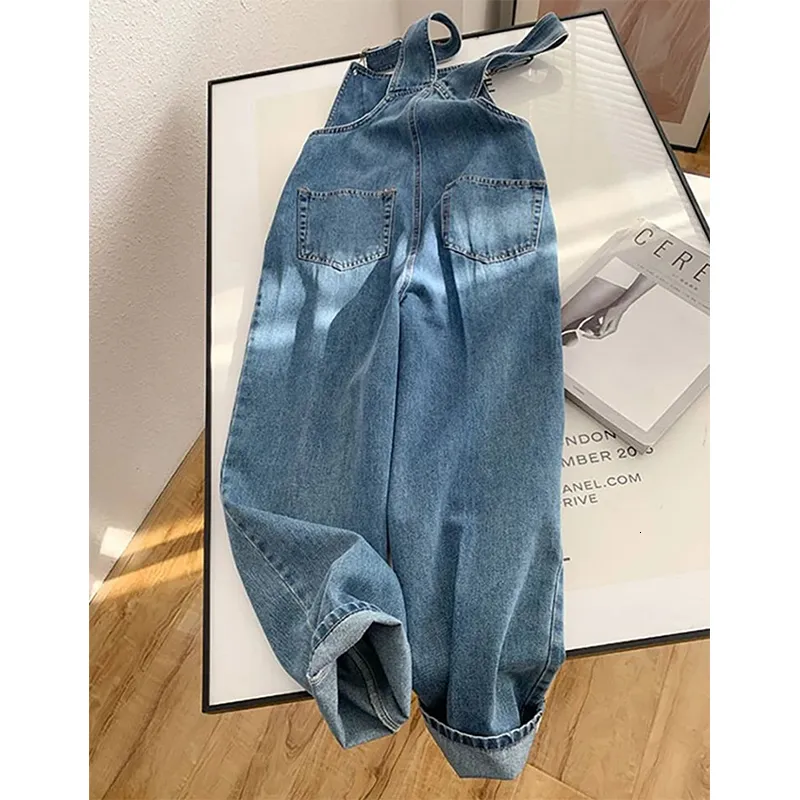 Bawilom Overalls Baggy Stretchy Denim Jumpsuit For Women Sleeveless Oversized Casual Wide Leg Straight Jean Romper Pocket