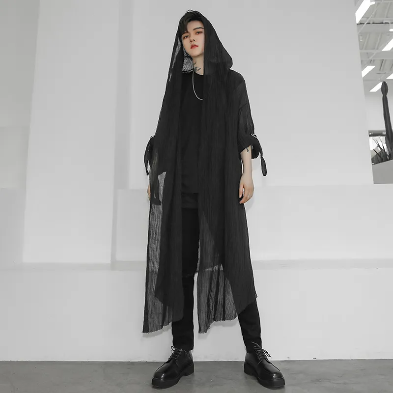 Herrjackor högkvalitativa herrgravunserax casual öppen söm huva lång kappa cape coat hip hop män fast lös trenchcoat 230608