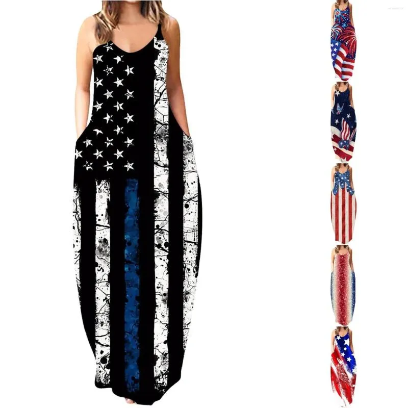 Casual Dresses Independence Day Sexy Halter Long Dress Fashion Print Loose And Stylish Vestidos De Fiesta Elegantes Para Mujer 2023