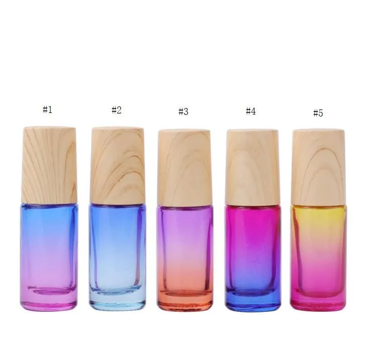 500st/parti 5 ml Gradient Färg Roll-On Parfym Essential Oil Bottle Steel Metal Roller Ball Ball Flaskor With Wood Looks Plastic Cap Fashion