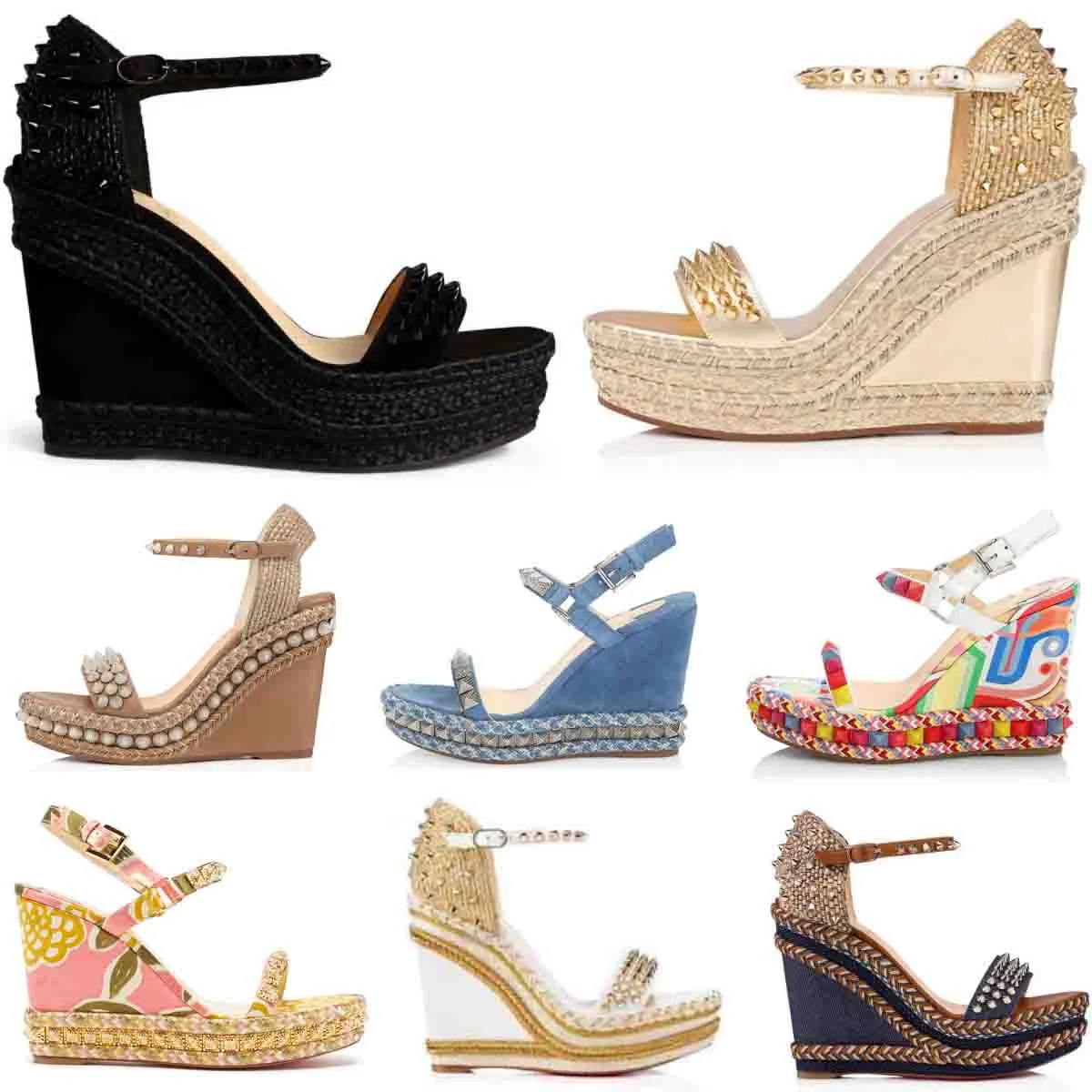 Sexiga kvinnor höga klackar designer klackar kil pyraclou studs madmonica espadrille kilar plattform gladiator sandaler mode damer kil sandaler spikar nitlåda