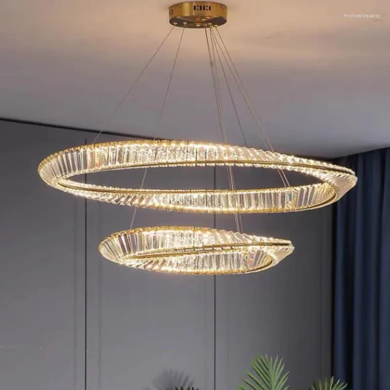 Lampadari Lustro moderno LED Lampada di cristallo di lusso Lampadario a soffitto rotondo in oro Pendent Soggiorno Camera da letto Sospensioni Apparecchio