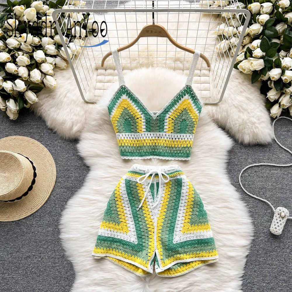 Conjunto de Calças Femininas de Duas Peças de Verão Boho Conjunto de Shorts de Verão Feminino Conjunto de Duas Peças de Malha Crop Top e Shorts com Decote em V Roupas Sexy para Mulher Duas Peças 230608