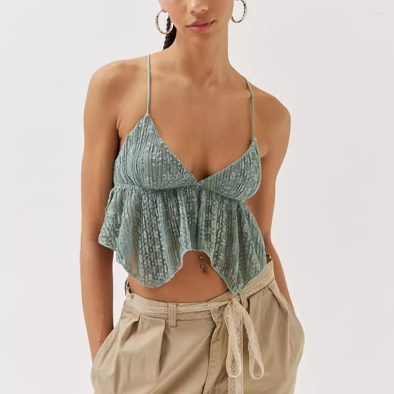 Tanques de mujer Combhasaki Mujeres Y2K American Retro See-through Lace Camis Spaghetti Straps Tie-Up Escote en V Sin mangas Tank Crop Tops Ruffle