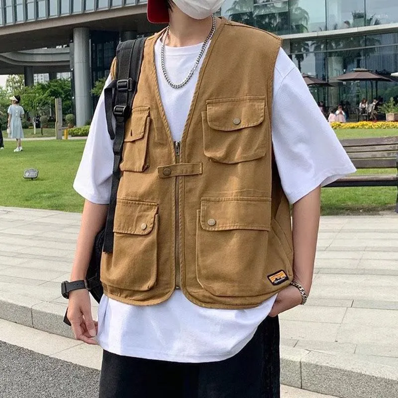 Men's Vests Men Cargo Multi Pockets 2023 Spring Summer Fashion Streetwear Vintage Waistcoat Solid Color Male Casual Sleeveless Jackets