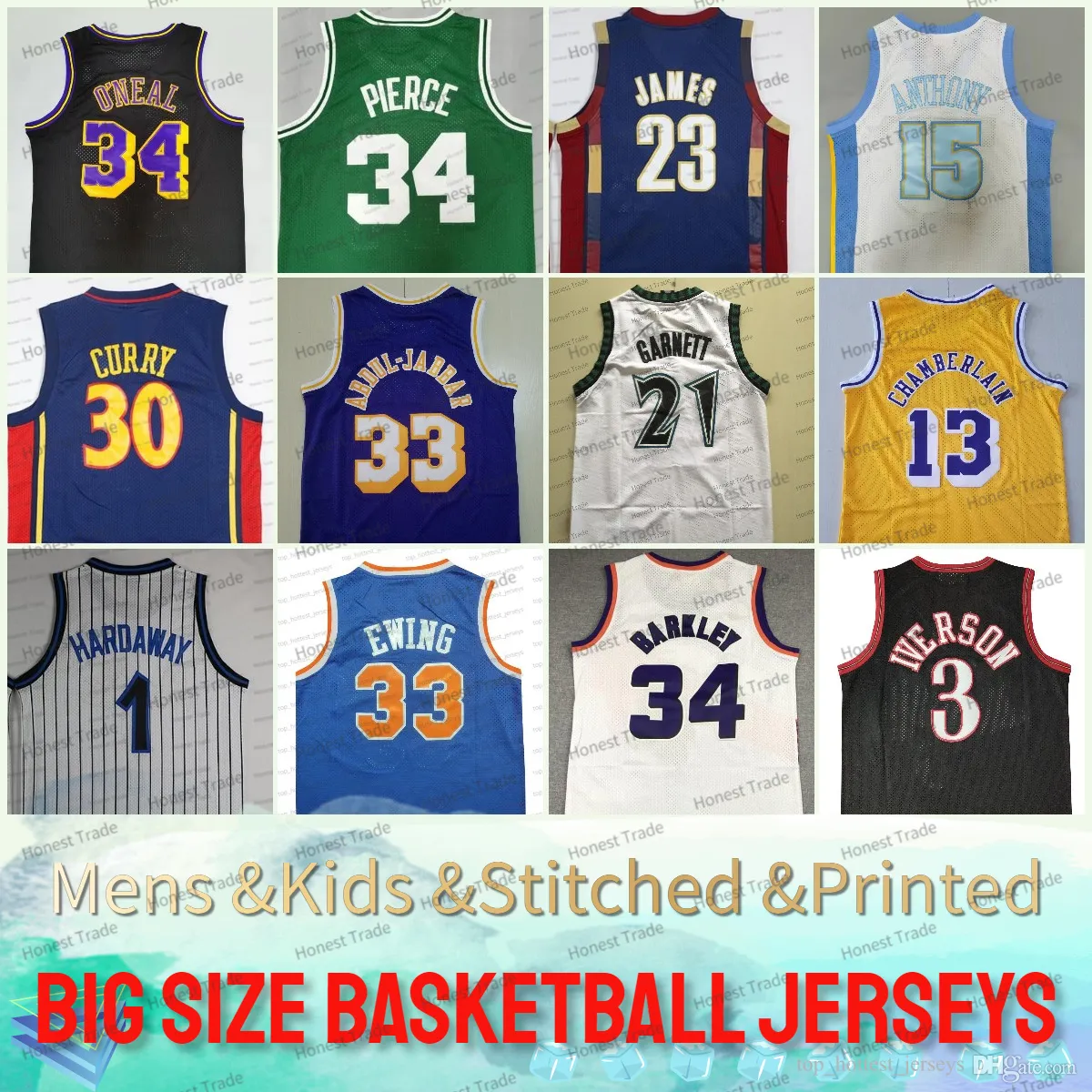 Maglia da basket personalizzata di grandi dimensioni 4XL 3XL Bryant James Kareem Abdul Jabbar Michael Shaquille oneal Allen Iverson Barkley Hardaway Anthony Shareef Abdur Rahim Bibby