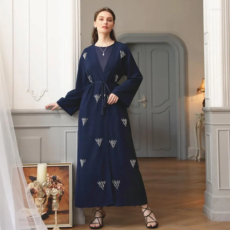 Ethnic Clothing Abaya Women's Fashion Blue Long Sleeve Pearl Lacing Maxi Robes Muslim Female Casual Formal Evening Dresses