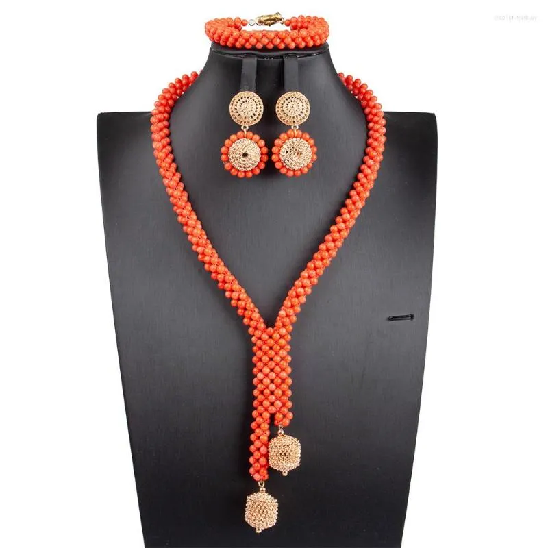 Halsband örhängen set orange mini korallpärlor långa hängen kvinnor afrikanska nigeria bröllop smycken handgjorda design brud parti gåva 2023