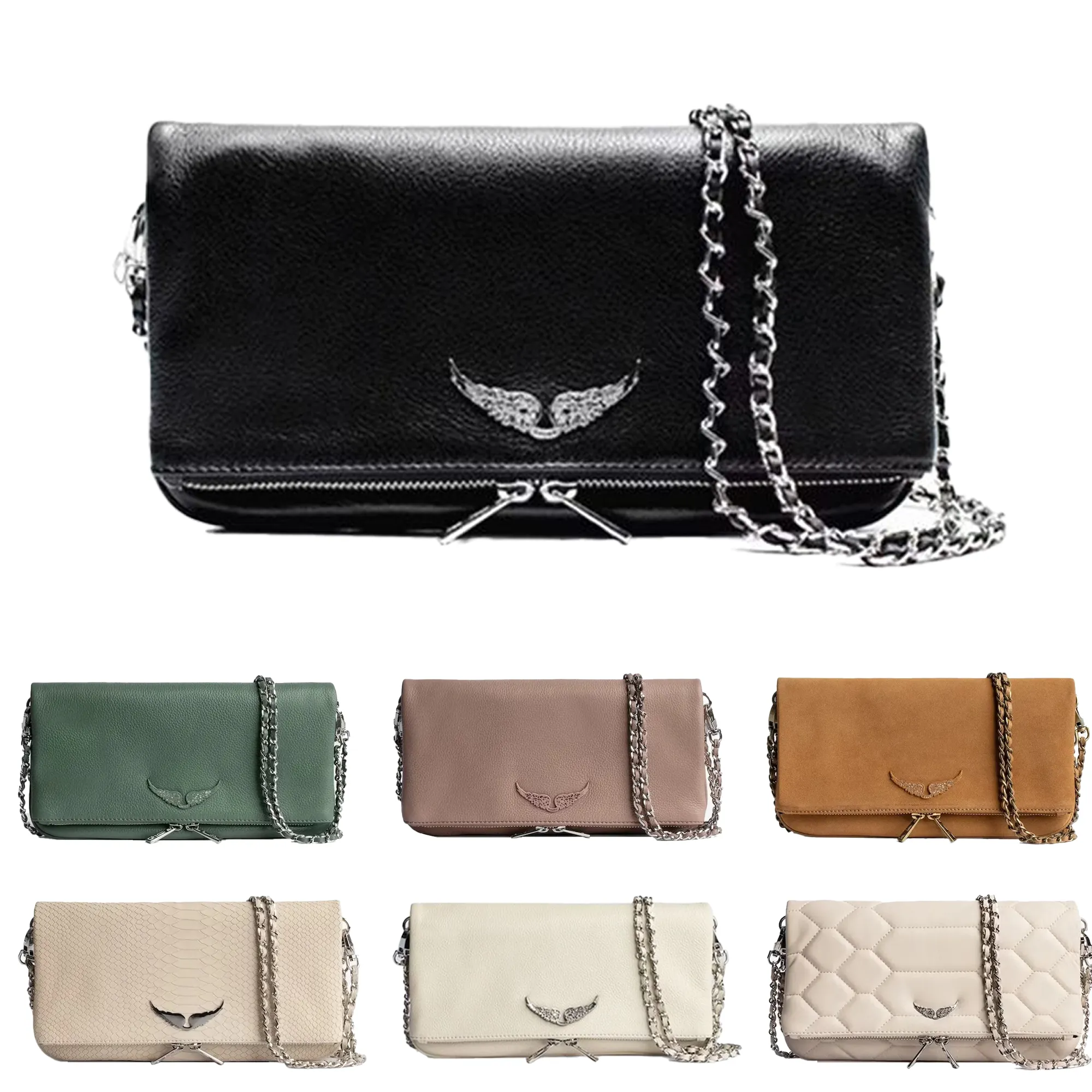 Sacos Zadig Voltaire de alta qualidade, carteiras de designer de luxo, clutch de couro de vaca, bolsa feminina envelope, bolsa transversal masculina, Pochette Rock Swing Your Wings, bolsas de ombro