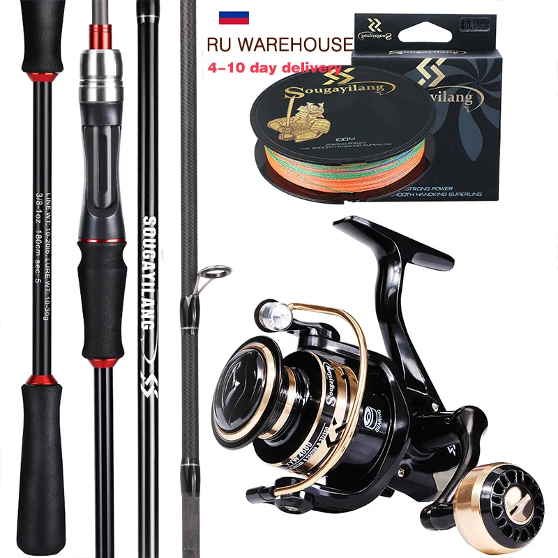 Rod Reel Combo Sougayilang Spinning Fishing Reel och Rod Set 1,8 m 2,1 m basfiskestav och snurrande fiskrullar med fiskelinjen Full Kit 230608