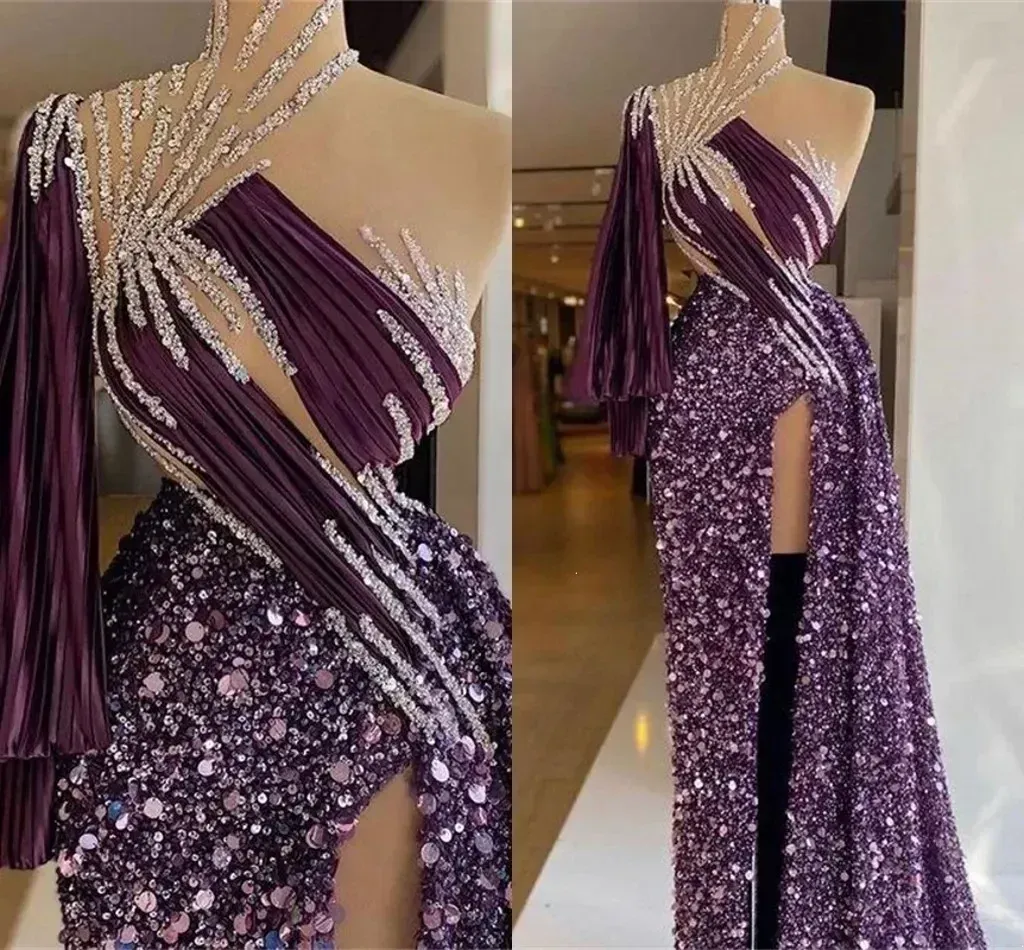 Purple Sparkly Prom Dresses Crystal Sequins Pärled Sheer Neck High Split aftonklänning Custom Made Formal Party Robe de