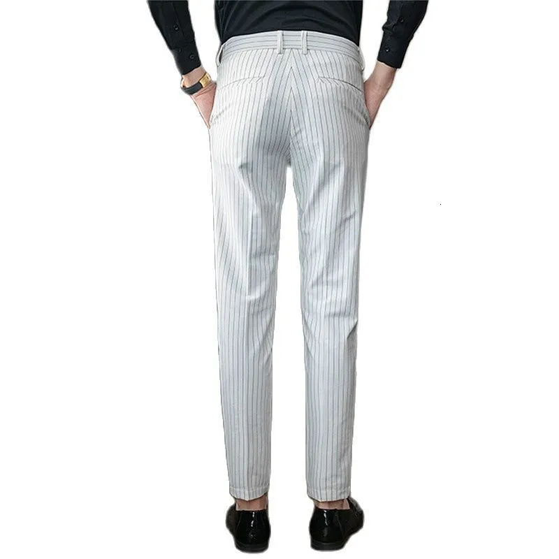 Mens Pants White Vertical Stripes Suit Men Blue Black Trousers