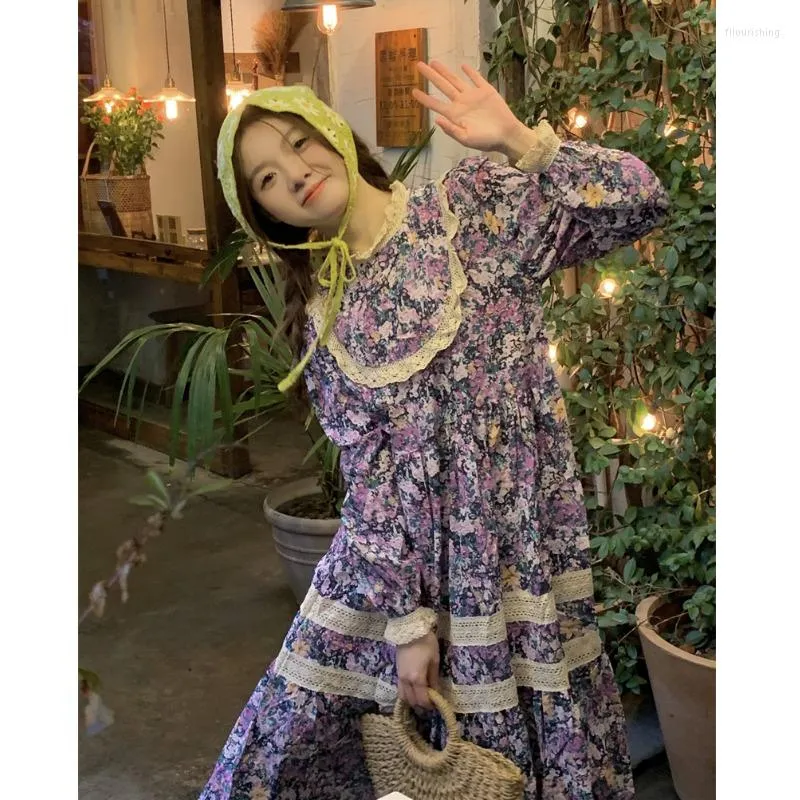 Casual Dresses Korean Retro Purple Floral For Women Loose Sweet Lolita Dress Spring Summer O-Neck Long Sleeves Vestidos Drop