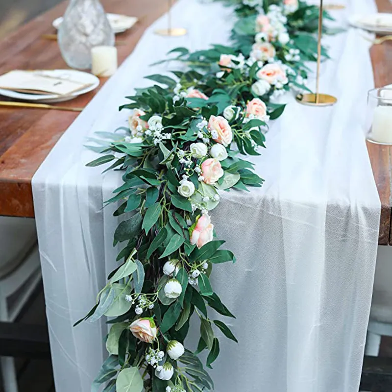 Couronnes de fleurs décoratives PARTY JOY Feuilles de saule d'eucalyptus Vignes Guirlande de roses artificielles pour arche de mariage Verdure Toile de fond Portes Décor de table 230608
