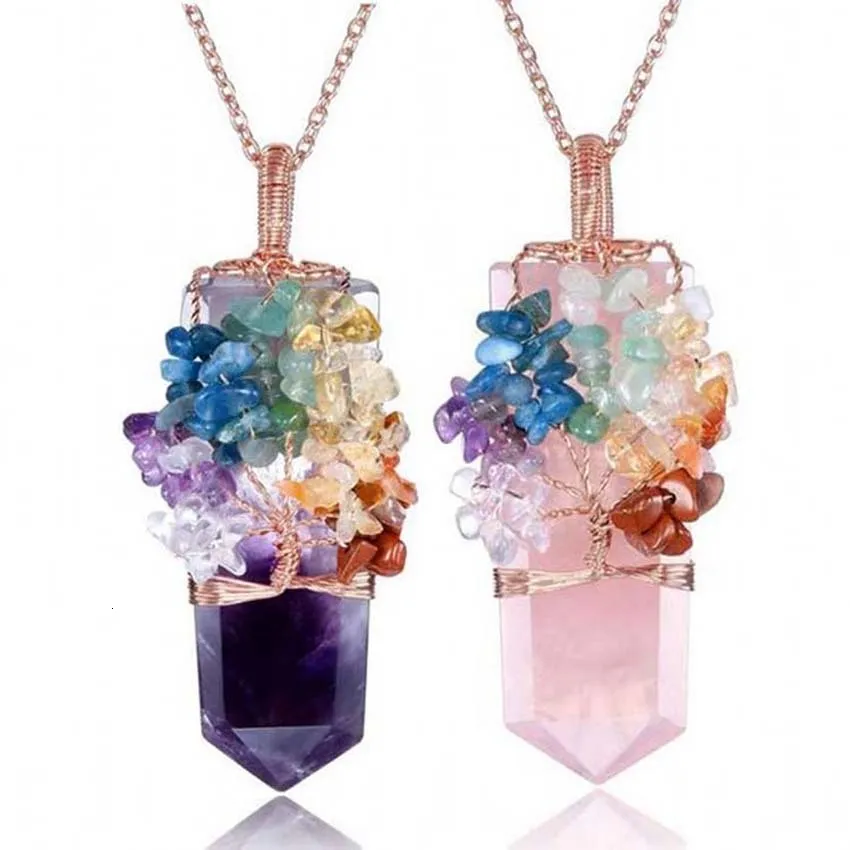 Hänghalsband Kft Natural 7 Chakra Tree of Life Wire Wrapped Amethysts Rose Pink Quartz Healing Crystal Pointed Sword Facetter Pendant Necklace 230608