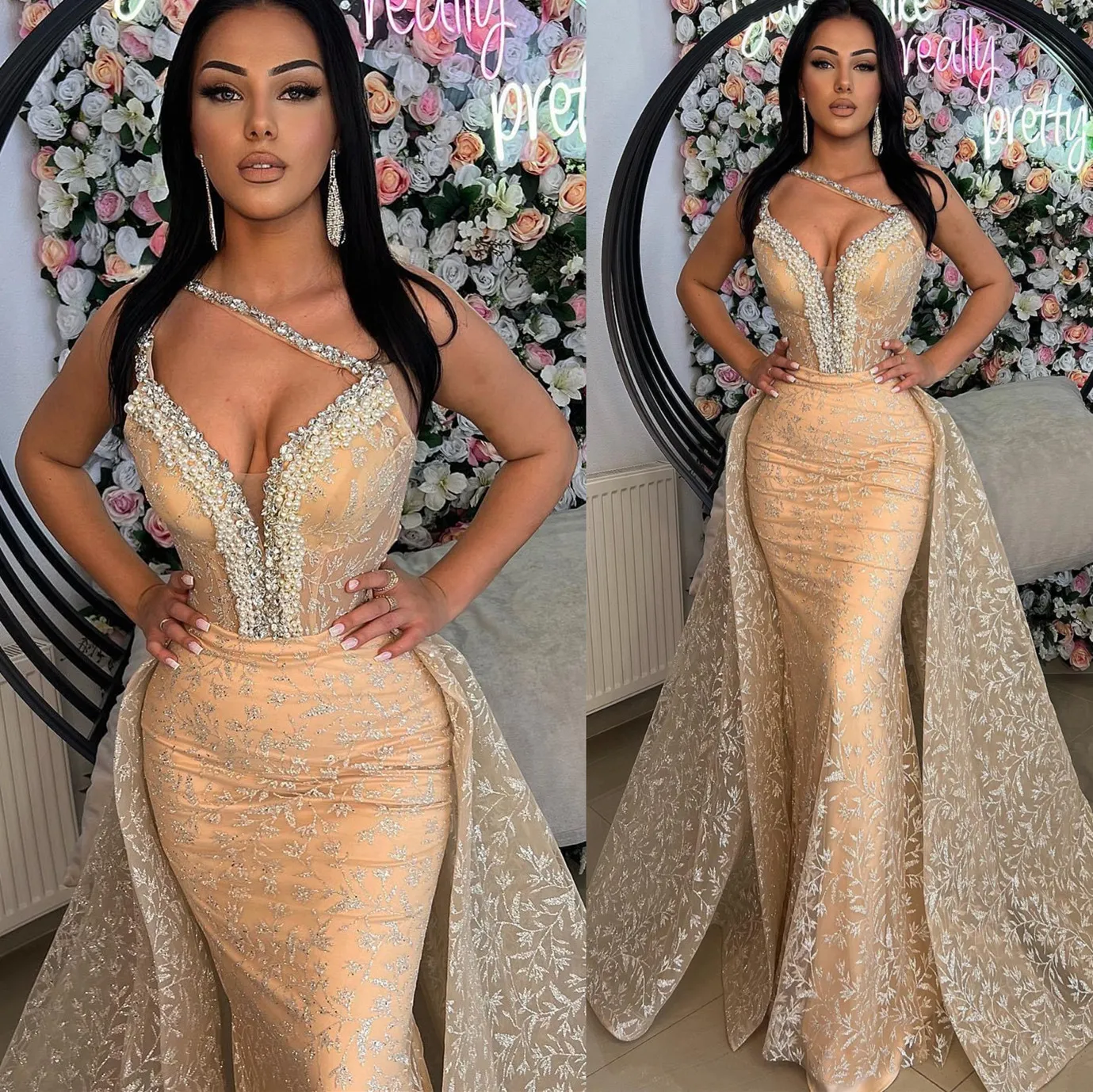 Mermaid Champagne Graduation Dress Crystals Pearls Sexy Homecoming Party Tail Gowns Vestidos ZJ426 407