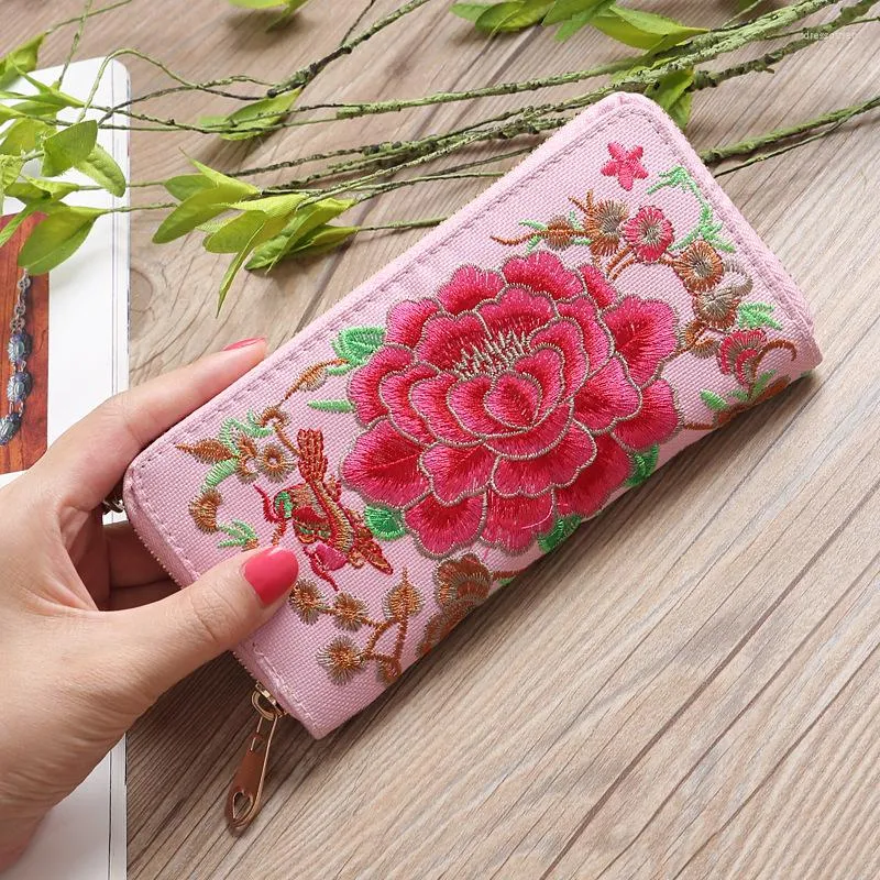 Portafogli Stile etnico Ricamo Donna Modello rosa Pochette lunga Borsa per soldi Tasca per telefono di grande capacità Portamonete da donna