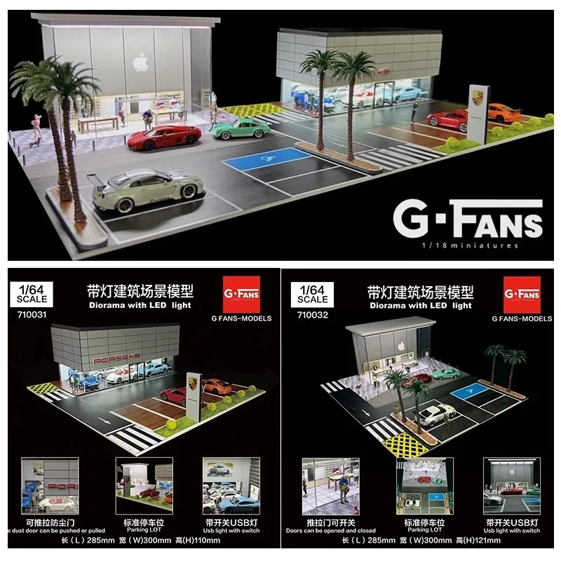 Diecast Model G Fans 1 64 LED Light Diorama Apple Store Porsche Center Building W Parking 230608