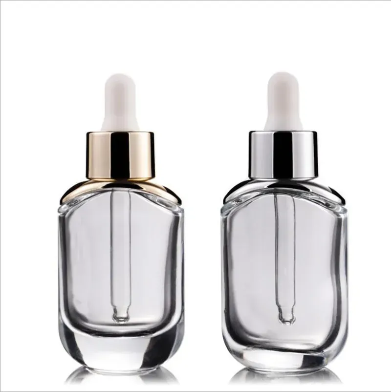 Highgrade transparent kosmetisk flaska 30 ml Essence Liquid Foundation Droper Bottle With Gold Silver Cap i lager