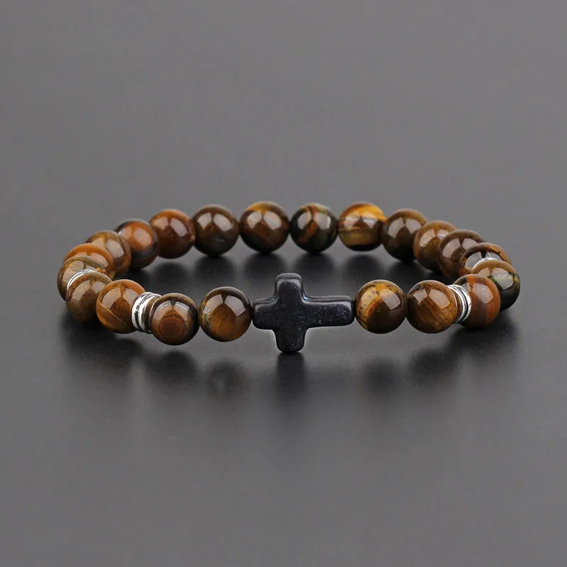 8mm Natural Stone Handmade Beaded Cross Strands Charm Bracelets Party Elastic Jewelry For Men Women Lover