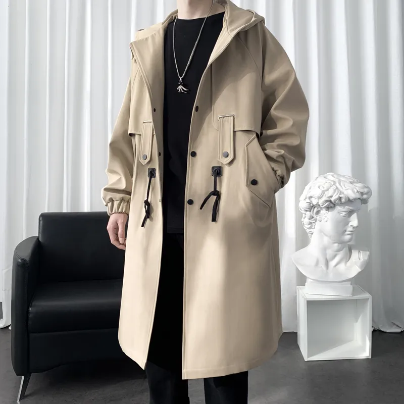 Herrjackor Streetwear Trench Coat Men Jacket Autumn Spring Black Hip Hop Korean Fashion Coats Hooded Khaki Casual 230608