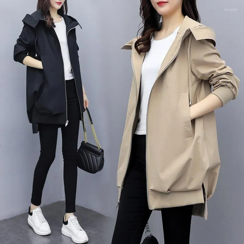 Kurtki damskie moda seksowna koreańska styl zwykły temperament khaki odchudzającego z kapturem płaszcz damski w połowie długości luźna czarna czerń