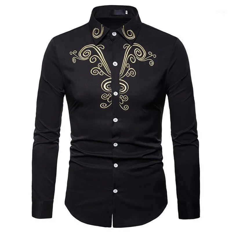 Camisas sociais masculinas Camisa bordada com flores douradas Respirável Grande Manga comprida Smoking Masculino Festa de outono Jantar de casamento Chemise Homme