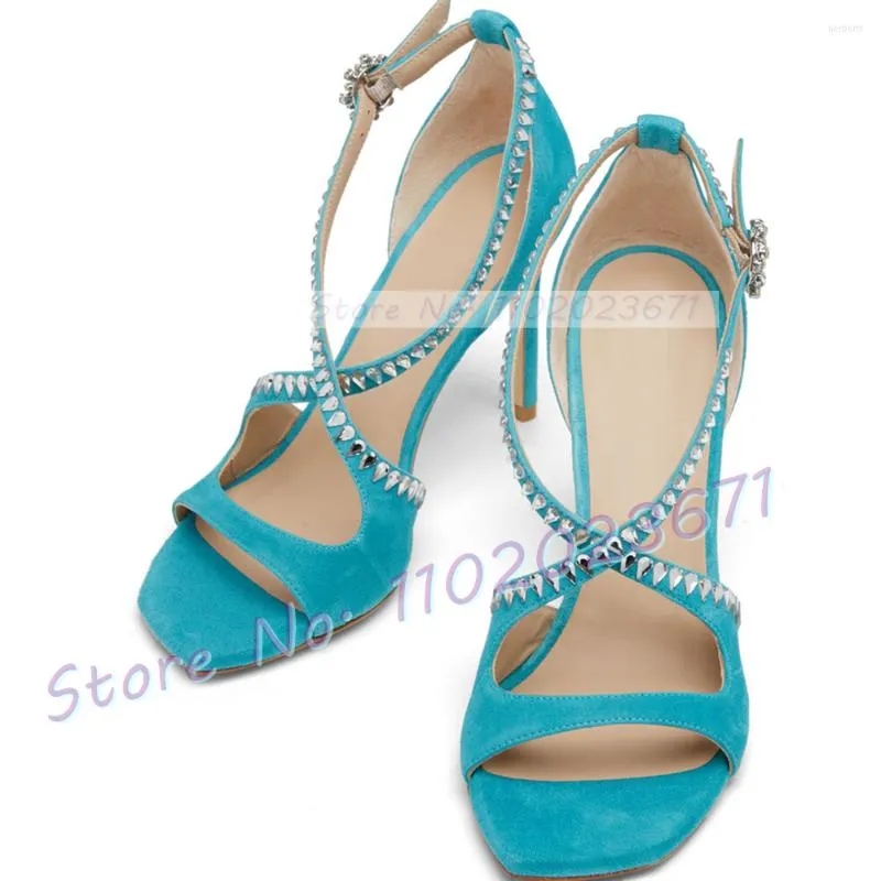 Sandaler Crystal Cross Strap Heeled Women Blue Square Toe Suede Elegant 2023 Ladies Party Casual in Cover Heel Shoes