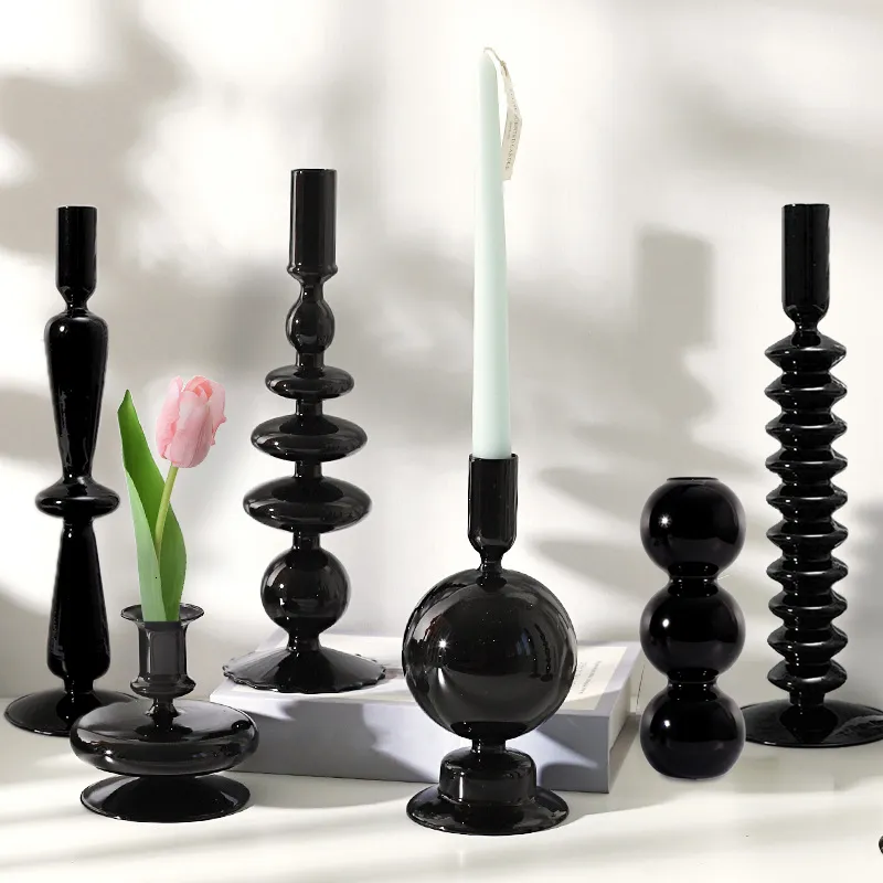 Vases Vases en verre noir Bougeoirs en verre pour la maison de mariage Vase à fleurs Decoratio Bougeoir Moderne Salon Décor 230608