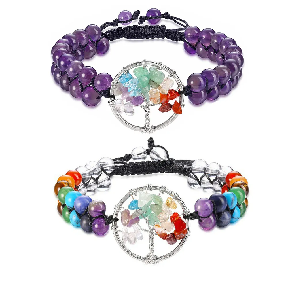 Howlite ametista da 6 mm Bracciale in pietra yoga curativa a doppio strato con 7 chakra Bracciale in cristallo dell'albero della vita di ghiaia per donna