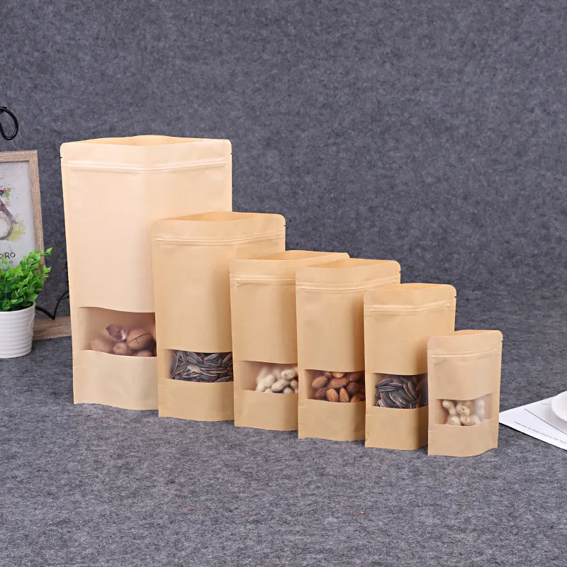 Brocada de presente 100pcs Kraft Paper Bags Bloqueio marrom com janela Stand up Grip ziplock bolsas de ziplock de pêlos de chá de café