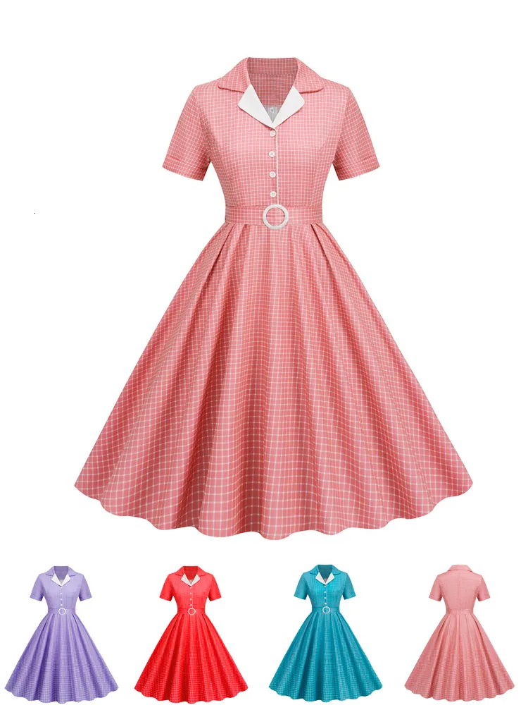 Grundläggande casual klänningar pläd vintage kontor lady sommarklänningar kvinnor mode retro 50s 60s 70s swing pinup rockabilly party klänning robe vestidos 230609