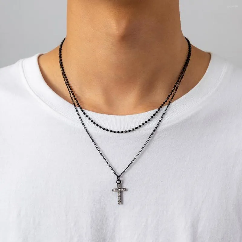 Pendant Necklaces 2 Layered Chain With Rhinestone Cross Necklace Men Trendy Simple On Neck 2023 Fashion Jewelry Accessories