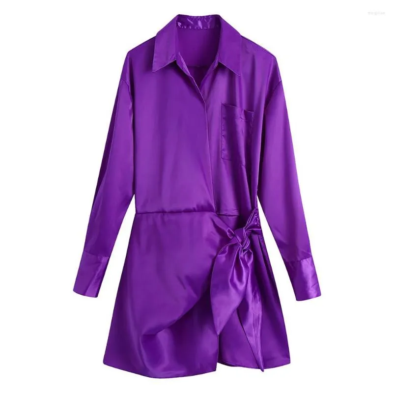Casual Dresses Sexy Party for Women 2023 Autumn Long Sleeve Midje slips Wrap Dress Carred v Neck Patch Pocket Vintage Satin Mini