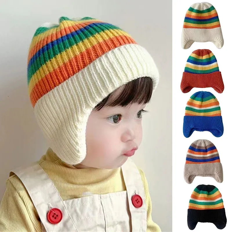 Caps Hats Autumn Winter Baby Knit Hat Korean Striped Rainbow Beanie Cap for Toddler Boys Girls Warm Ear Protection Elastic Kids Bonnet 230608