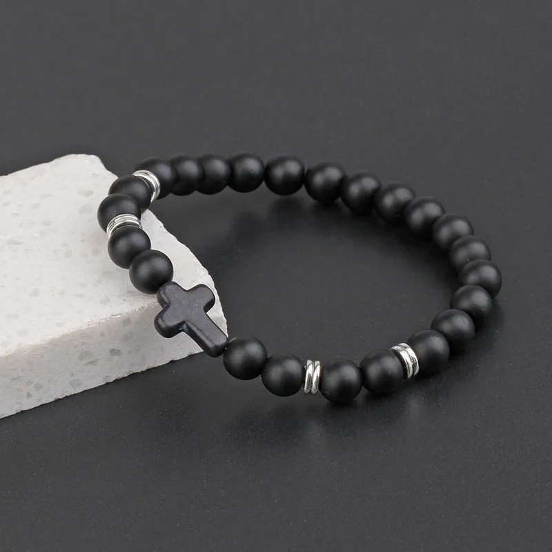 8mm Natural Stone Handmade Beaded Cross Strands Charm Bracelets Party Elastic Jewelry For Men Women Lover