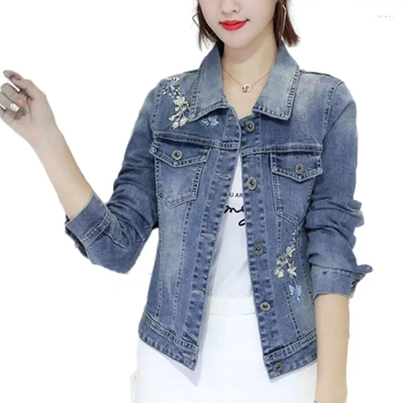 Kvinnorjackor Spring Women Basic Coats Sweet Flower Brodery Jean Loose Long Sleeve Casual Denim Jacket 5xl