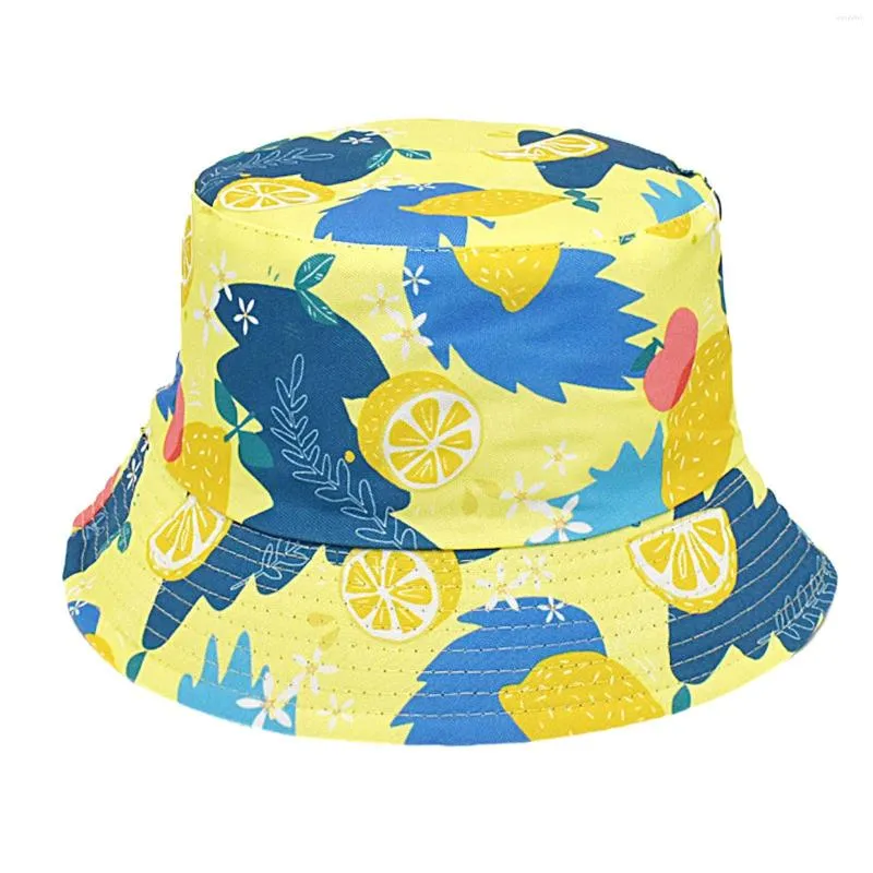 Chapeaux à large bord pour femmes européennes et américaines motif citron chapeau de pêcheur double face imprimé printemps/été bassin de soleil haut de randonnée dames