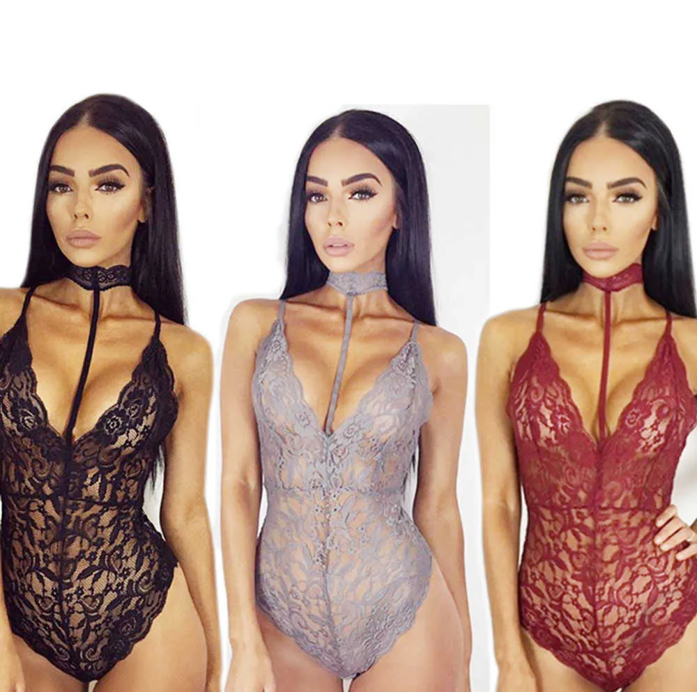 Sexiga kvinnor en bit underkläder teddies nattkläder spetsar halter underkläder bodysuit nattkläder sömnkläder jumpsuit romper 4 färger