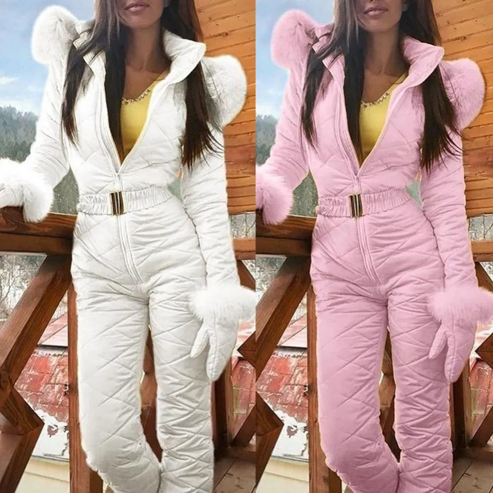 Women's Jumpsuits Rompers Ski Suit Women Jackets Winter Hooded Parka Jumpsuit Women Cotton Bodysuit Sashes Jumpsuits Zipper Overalls Tracksuits 230608