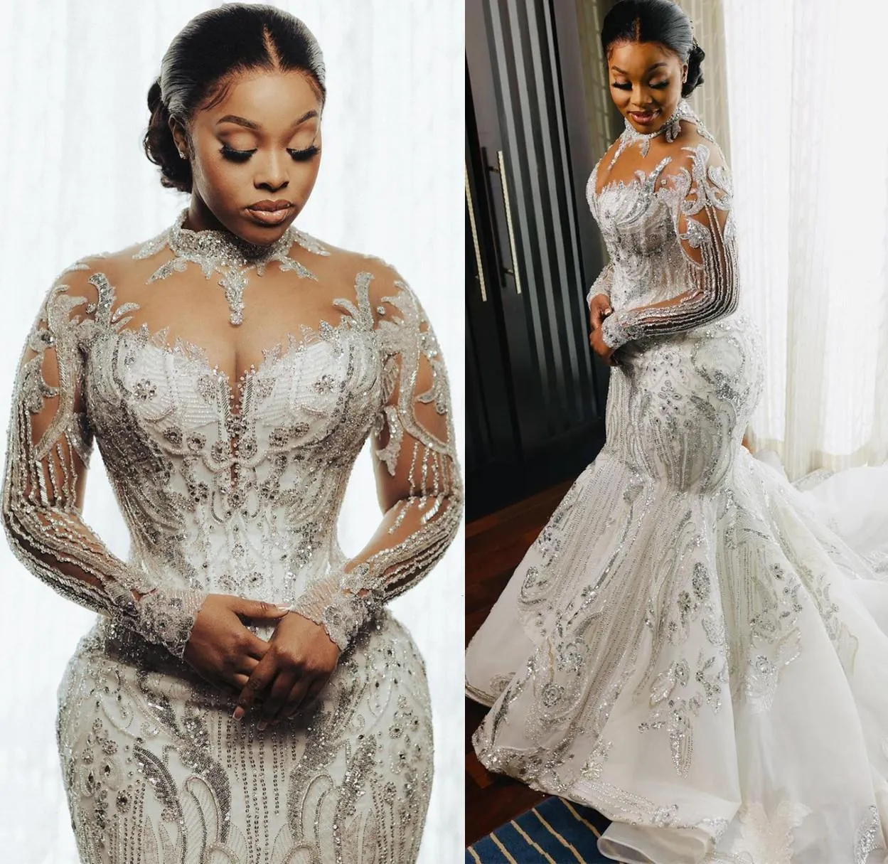 Luxury Crystal Beading Mermaid Wedding Dresses Long Sleeves Lace Applique Sheer Neck Illusion Bodice Bridal Gowns Vintage Lace Bridal Dresses