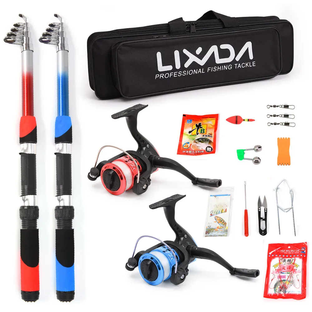 Rod Reel Combo Lixada Fishing Full Kit with 2pcs 2.1m Telescopic Rods Spinning Reels Lures Hook Accessories 230609