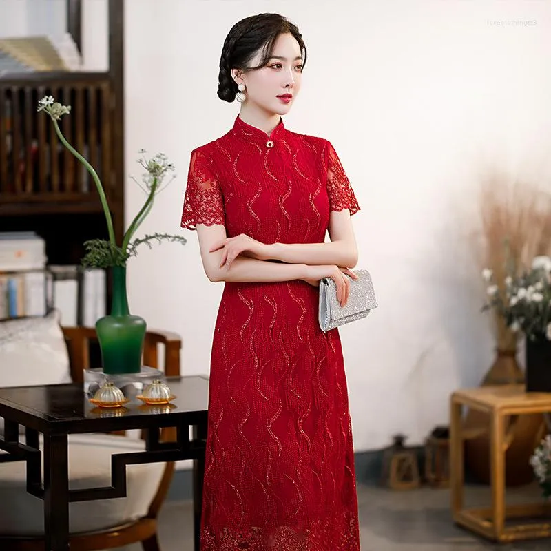 Ethnische Kleidung Spitze Midi Elegent Cheongsam 2023 Sommer Verbesserte Qipao Retro Plus Größe Chinesische Party Kleid Für Frauen Kurzarm vestidos