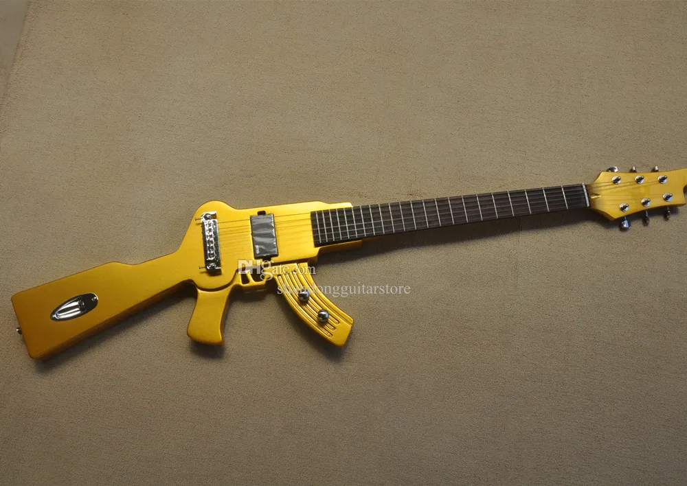 Guitarra eléctrica con forma de pistola de 6 cuerdas de fábrica con logotipo de oferta de acabado dorado/color personalizado
