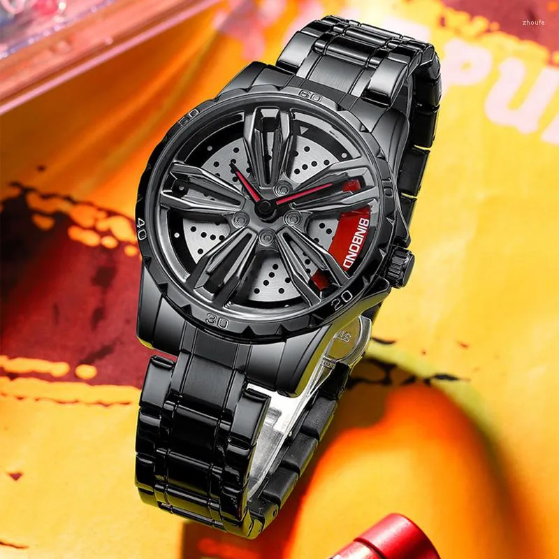 Wristwatches BINBONG 2023 Men Fashion Racing Watch Luxury Wheel 360° Rotating Dial Design Sports Style Steel Strap Waterproof Reloj