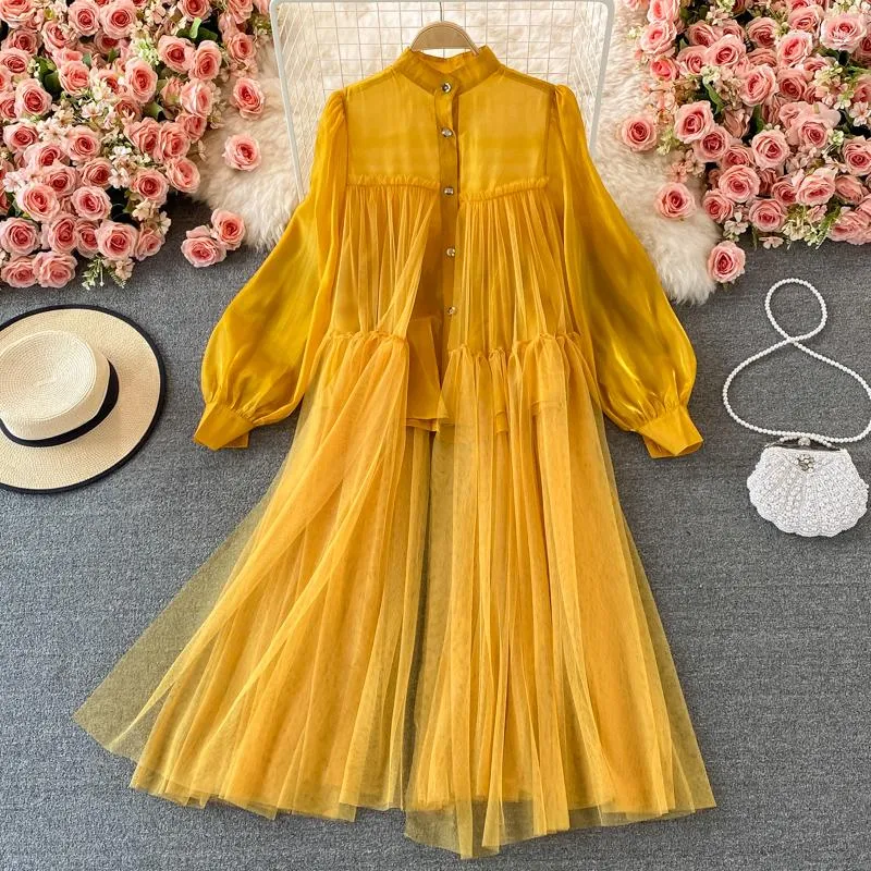 Sukienki swobodne nadmorskie zabezpieczenie na plaży Sun Sun Sukienkę Kobiet Ruffle Mesh Patchwork Shirt Lady Puff Long Rleeve A Linia Duże hem vestido